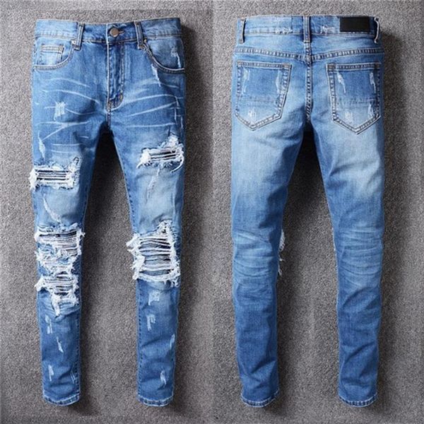 Luxurys Designer Hommes Jeans Mode AM-Type Casual Vintage Skinny Stretch Hommes Jean Crayon Trous Ripped Hip Hop Zipper Denim Motorc206e