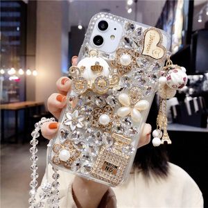 Luxurys Designer Teléfono Diseñadores de casos iPhone 15 Case de calabaza Rhinestons Glass Crystal Diamond Beads colgante de cuello colgante silicona con cáscara protectora nueva cáscara protectora