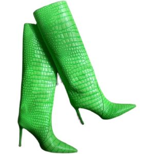 Luxurys Designer Dames Autumn Boots Nieuwe puntige ultrahoge hiel laarzen fluorescerende groene steen hoge buis vrouwen schoenen maat 34-43