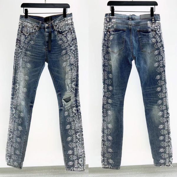 Luxurys Designers Jeans jean en détresse Straight Men's flowers imprime Stretch Denim Casual Jean Men Skinny Pants Elasticit