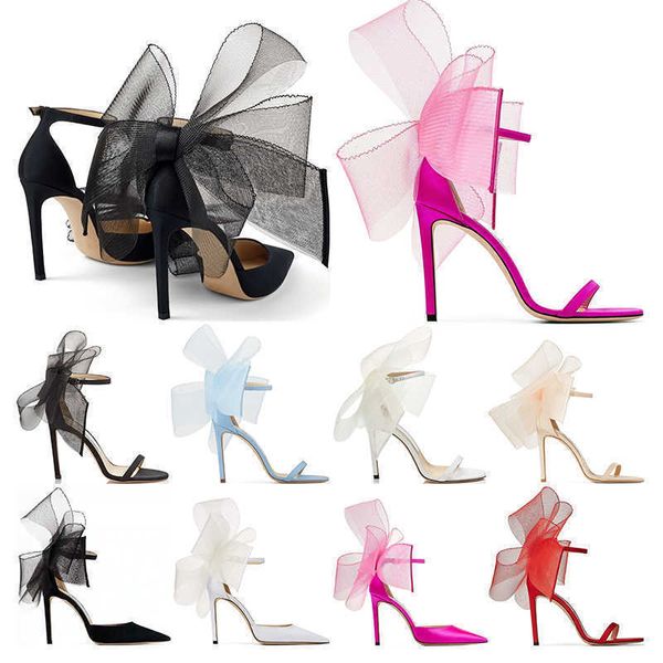 Luxurys Designers Pumps sandales talons hauts 8 10 12 cm Latte Asymmetric Grosgrain Mesh Fascinator Bows Black Latte Fuchsia shoe