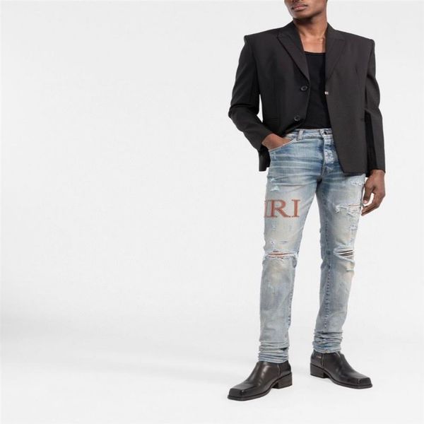 Lujos Jeans para hombre Diseñadores Estados Unidos Moda Hombres angustiados Locomotora Hacer viejo Estiramiento Casual West Jean Hombres Elasticit Skinn248g