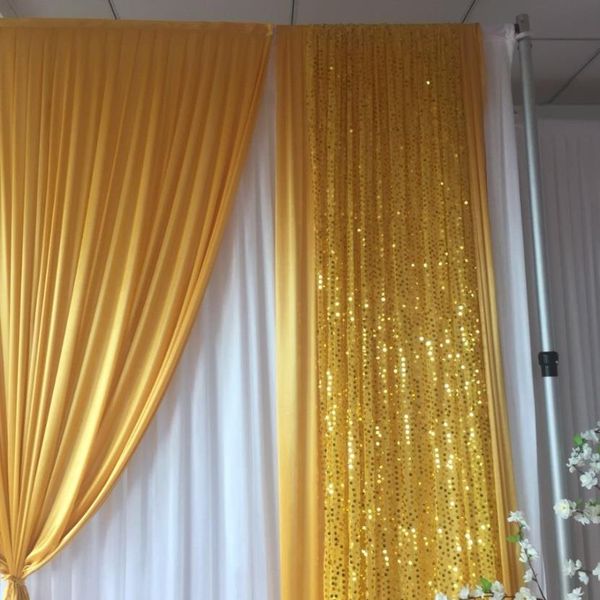 Rideau de luxe en toile de fond pour mariage, 3m H x 3mW, blanc, avec drapé à paillettes en soie glacée dorée, décoration de fête de mariage, 312F
