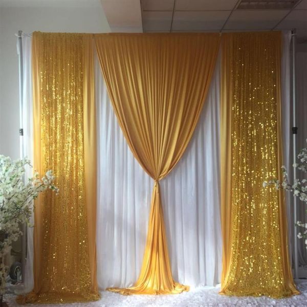Rideau de fond de mariage luxueux 3m H x3mW rideau blanc avec drapé de paillettes de soie de glace dorée toile de fond décoration de fête de mariage2671