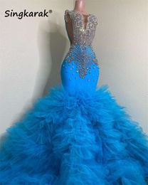 Luxuy Diamonds Long Prom Dresses 2024 Sparkly Beads Rhinestone Crystal Tiered Ruffle Special Reception Party Jurk