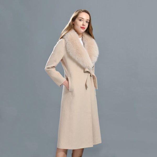 Luxyonuo Femmes Cashmere Coat Luxury Fox Fur Fur Collier Trench Coats Belt Slim Couleur Couleur pleine manches Fond Mesdames Ourrendages Hiver