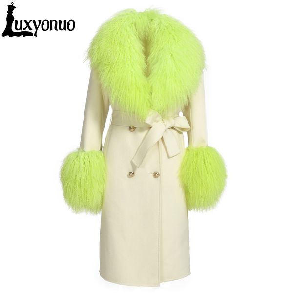 Luxyonuo Wool Cashmere Coat Femmes Luxury Real Mongol Mouton Mouton Collier de fourrure Mesdames Double face trench Trench Trench Slim Hiver Long