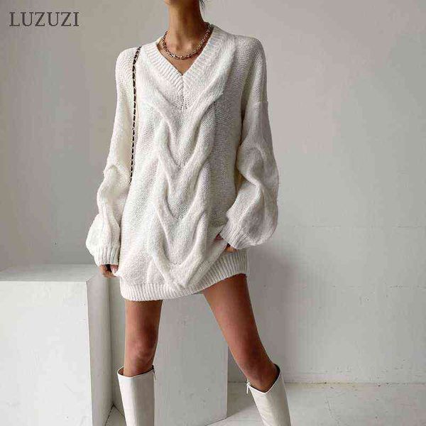 Luzuzi Corée Chic en V Chic Veater Femme Femme Hiver Pulver Loose Casual Long Mancheve Robe Tricoted 2021 AUTUNM MINI VOSTIDOS G1214