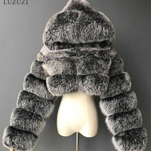 Luzuzi Winter Furry Copped Faux Bontjassen Dames Fluffy Top Jas met Hooded Warm Bont Jacket Dames Manteau Femme 211110