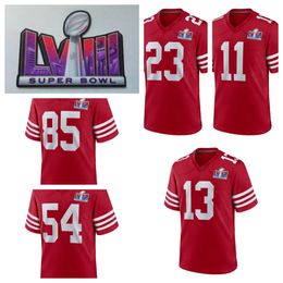 LVIII Superbowl Football 13 Purdy 85 Kittle 23 McCaffrey 29 Hufanga 97 Bosa 19 Samuel 54 Warner 25 Mitchell 16 Joe 80 Rice 11 Aiyuk Jersey Rouge Blanc Noir 49 w 58th Sb Patch