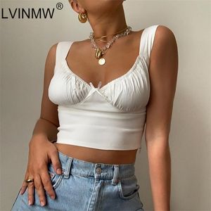 LVINMW Sexy Blanc Spaghetti Bretelles Low Cut Bow Ruches Crop Top Été Femmes Sans Manches Camisole Top Femme Skinny Bralette LJ200820