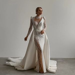 Lvory Dubai robe De mariée sirène avec Train détachable perles De luxe à manches longues tache robe De mariée robes De Novia