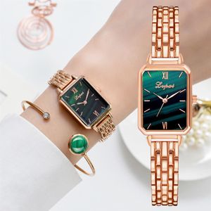 LVPAI Brand Watch voor dames luxe vierkant dames pols horloge armband set groene wijzerplaat roségouden ketting vrouwelijke klok reloj mujer225u