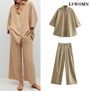 Lvwomn 2 stuk set vrouwen za zomer losse casual blouses top en hoge taille broek kantoor dame chic werk kleding 210930