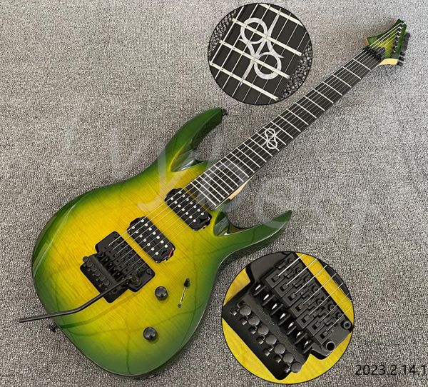 Lvybest 7 cuerdas Guitarra eléctrica Floyd Rose Style Tremolo Flame Top Green Burst Black Open Pole Pastillas Ebony Fingerboard Free