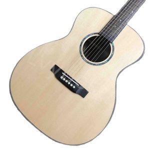 Lvybest-guitarra acústica personalizada, totalmente de madera de abeto maciza, cuerpo estilo OM, diapasón de ébano, encuadernación de espina de pescado