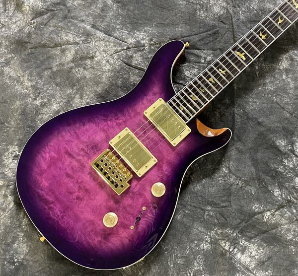 Lvybest personnalisé guitare électrique jaunâtre perle oiseau incrustation ébène touche couette flamme haut violet éclat couleur