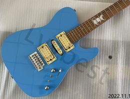 Lvybest – guitare électrique personnalisée, couleur du corps bleu, incrustation de chat sur la touche en érable rôti et le cou rosé en flamme, Picku crème HSH