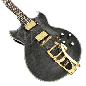 Lvybest elektrische gitaar aangepast LP elektrische gitaar jazzmuziek grijs tijgerpatroon esdoorn body big rocker gold aocker goud toegang