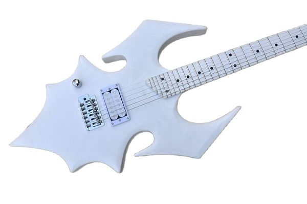 Lvybest guitare électrique gaucher blanc forme inhabituelle corps de chauve-souris avec manche en érable matériel chromé offre personnalisée