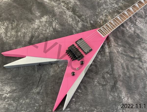 Lvybest guitare électrique rose et argent en forme de V pièces noires un Vlume ton un micro de pont peut être personnalisé