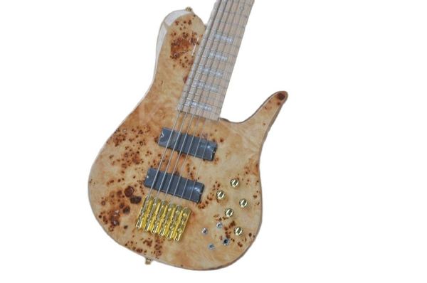 Lvybest Natural Wood 6 cordes guitare basse électrique avec col de quincaillerie en or à travers un placage de burl corporel fournit un service personnalisé