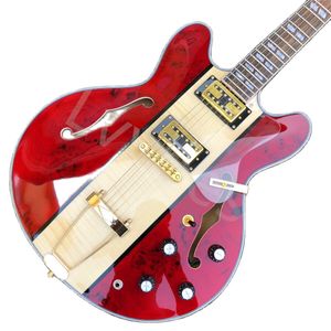 Lvybest Red Glossy Finish Half Hollow Arched Jazz Guitarra eléctrica Gold Hardwood Electric Guitar