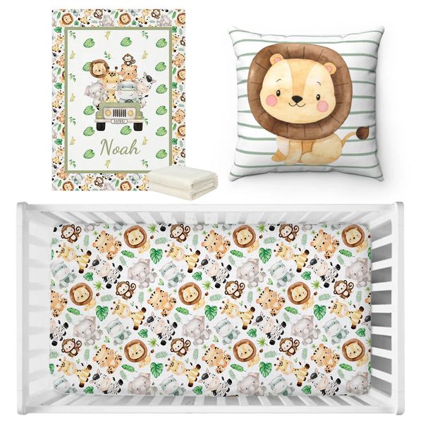 LVYZIHO Juego de sábanas para cuna de animales para bebé, guardería de la selva, ropa de cama con nombre personalizado, regalo de ducha, manta de animales 240313