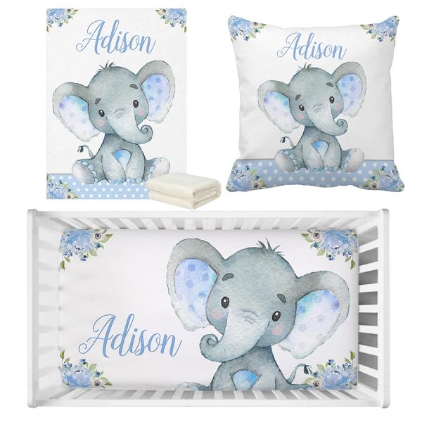 LVYZIHO bébé garçon berceau ensemble de literie nom personnalisé fleur bleu éléphant ensemble bébé douche cadeau 240313