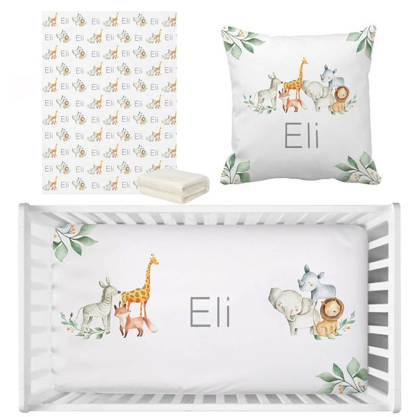 Lvyziho Baby Cuna Juego de ropa de cama de la guardería Elefante Elefante Conjunto de hojas de cunas de león Nombre personalizado Animales Juego de ropa de cama para bebés 240328