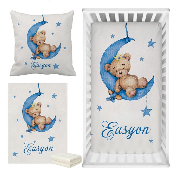 LVYZIHO Nom personnalisé Sleeping Bear Blue Liberding Sleep Sleep on Moon Baby Shower Gift 240325