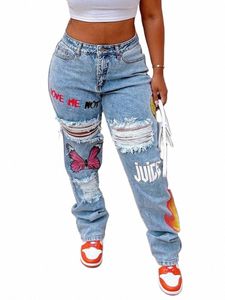 LW Butterfly Lettre Imprimer Trendy Denim No Stretch Ripped Solid Jeans Femme Hollow-Out Street Skinny Fi Pantalon droit w5FK #