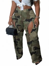 lw Camo Uitgesneden Veelkleurige Broek Casual Losse Camoue Print Streetwear Y2K Dames Cargobroek Uitsparing Wijde Pijpen Broek P8NE #