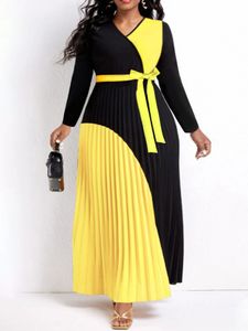 LW Elegant Fall Maxi Dresses Bandage Design gelaagd geplooid een lijn jurk riem met lange mouw v nek flowy patchwork vestidos 240515