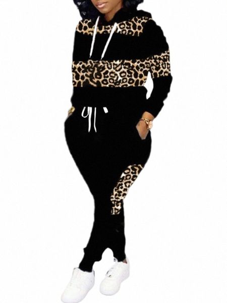 LW Plus Taille Automne Deux pièces Ensemble manches LG col à capuche imprimé léopard haut à capuche pantalon costume hiver survêtement de sport ensemble q85E #