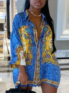 LW plus taille Button Design Imprimée mixte robe robe mode élégant collier Boho Tshirt Streetwears en vrac 240420