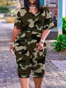 LW Plus size camo print pocket ontwerp jumpsuit herfst dames v nek streetwear rompers vrouwelijke mouw bodycon buis korte broek 240530