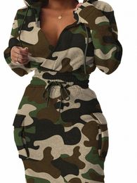 lw Plus Size Camo Print Side Pocket Cargo Dr V Neck Sweat à capuche Lg Sleeve Casual Dr Womens Lace-Up Pull Dr c0BJ #