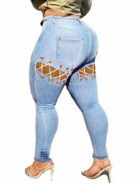 LW Plus Taille Casual Street Femmes AutomneWinter Haute Extensible Bandage Solide Creux-Out Zipper Fly Skinny Design Baby Blue Jeans r9Td #