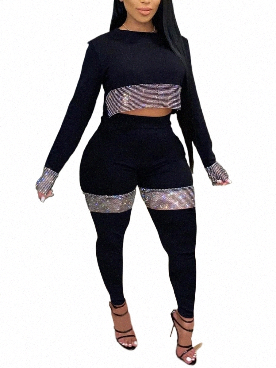 LW grande taille haut court voir à travers les pantalons à paillettes ensemble élégant Sexy manches Lg deux pièces automne col rond haut court pantalon 89U3 #