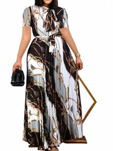 lw Plus Size dr Tie Neck Chain Print Geplooid A-lijn Dr maxi dres met korte mouwen 2023 Elegant Fi dames dr O9KJ #