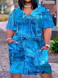 LW plus size jurk imitatie denim v nek zakontwerp dres tshirts zomer los voor damesvestidos 240506