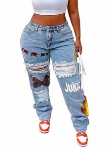 LW Plus Taille Taille Haute Imprimer Jeans Extensible Droite Zipper Fly Extensible Quotidien Gaine Fi Pantalon Femme Streetwears K9qc #
