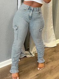 LW plus taille haute taille rabat à rabat de poche jeans de cargaison de cargaison femme zipper jeans de conception causale pantalon long maigre 240510
