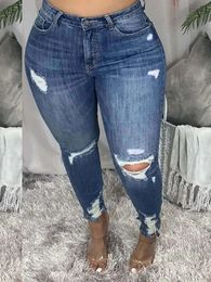 LW Plus Size Gescheurde Jeans met Hoge Taille Rits L5XL Straat Effen Kleur Gaten Stretchy Schede Skiny Damesmode Broek 240119