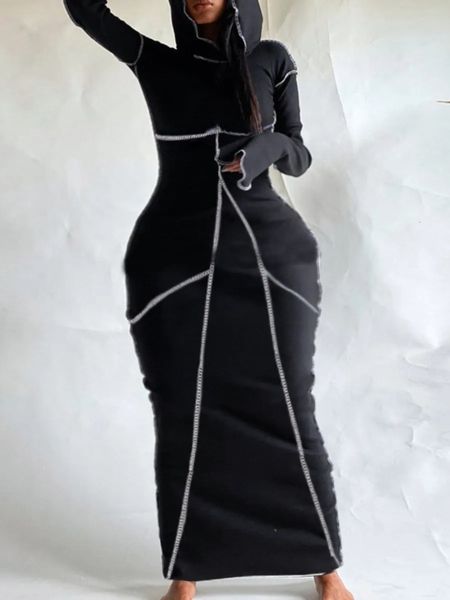 LW grande taille dame Sexy femmes automne hiver robe à capuche col rayé moulante élégant noir à manches longues Sweat robes 240129
