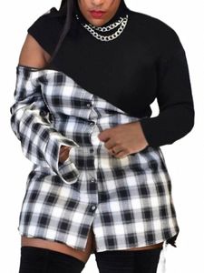 Lw Plus Size Plaid Print Hollow-Out Dr Vrouwen Zomer Lg Mouw Casual Asymmetrische Dr Mock Hals Gewikkelde rok 1450 #