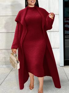 LW grande taille jupe ensemble basique couleur unie jupe maigre ensemble automne hiver chaud femmes correspondant long manteau maxi robe ensembles 240307