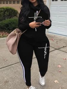 LW Plus Size Trainingspak Sets Trekkoord Letter Gestreepte Set Dames 2-delige trainingspakken Hoodie Joggingbroek Joggingpakken Outfits240318