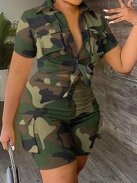 LW grande taille deux pièces ensembles camouflage imprimé poche latérale Cargo Shorts ensemble été femmes vêtements à manches courtes top shorts ensemble 240220